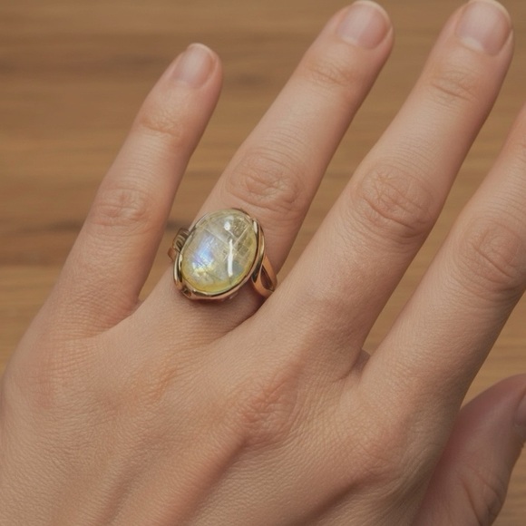 Gold Vermeil 925 Moonstone Ring | Rainbow Flash Statement Ring Size 7 - Picture 11 of 11